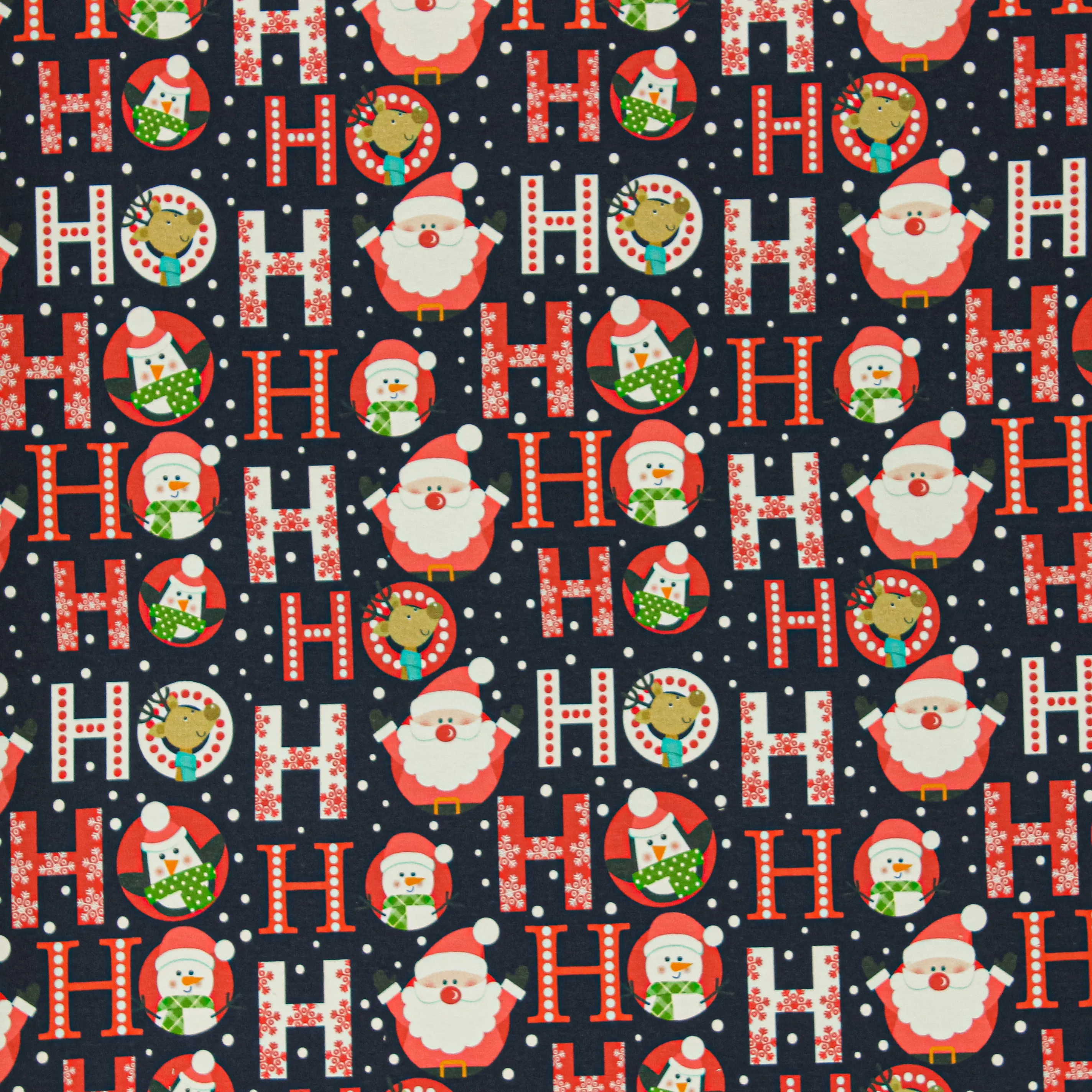 French terry donkerblauw met kerstfiguren 'HO HO HO'